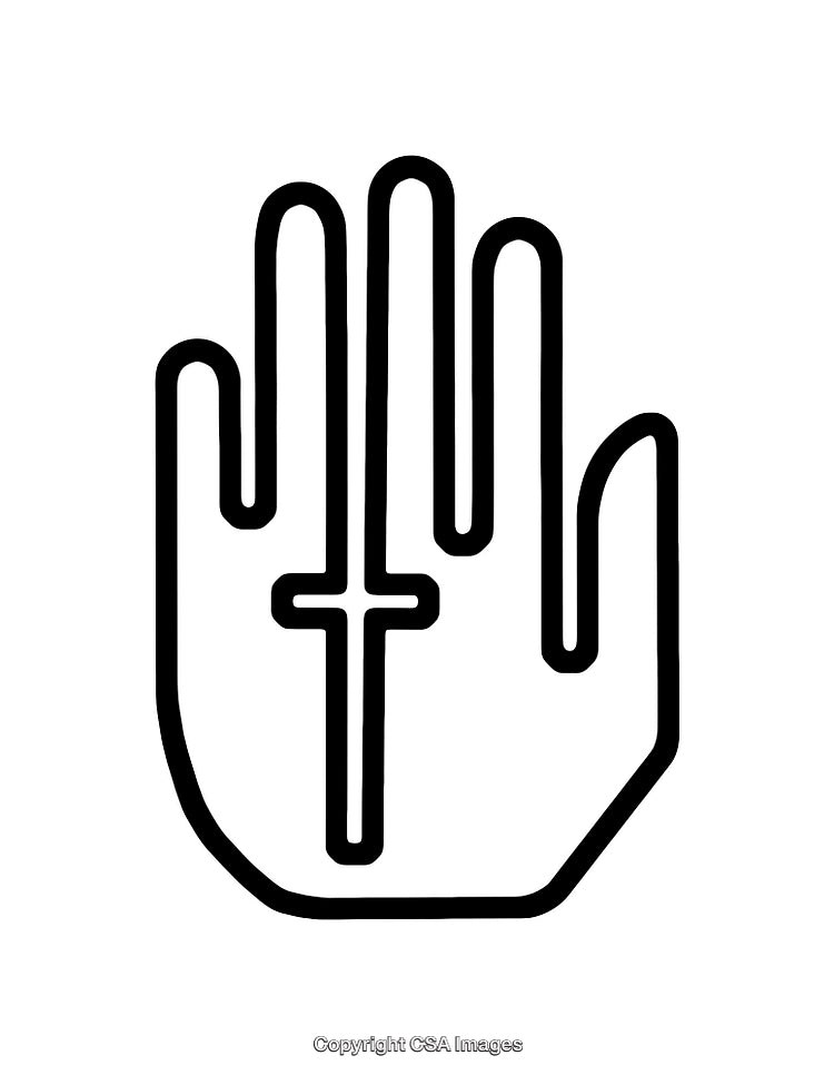 Minimalist Black and White Icon Featuring a Cross and Hand Symbol