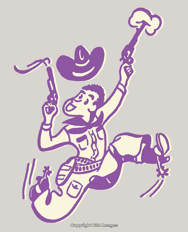 Playful Cartoon Cowboy with Pistols in Exciting Purple Line Art Illustration