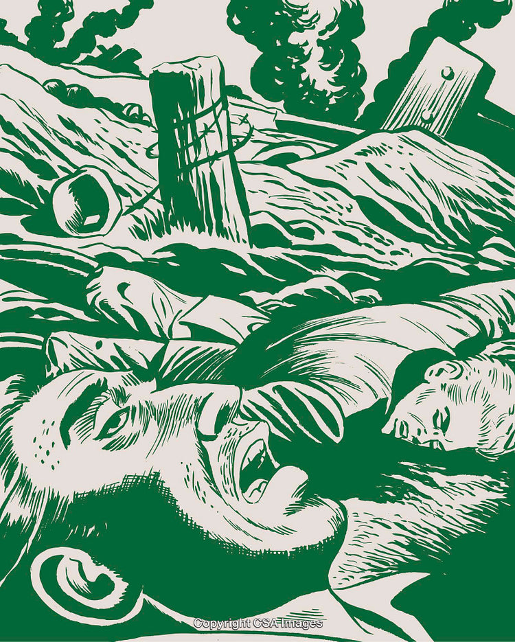 Dramatic Green Themed Graphic Art Depicting Chaos and Human Suffering