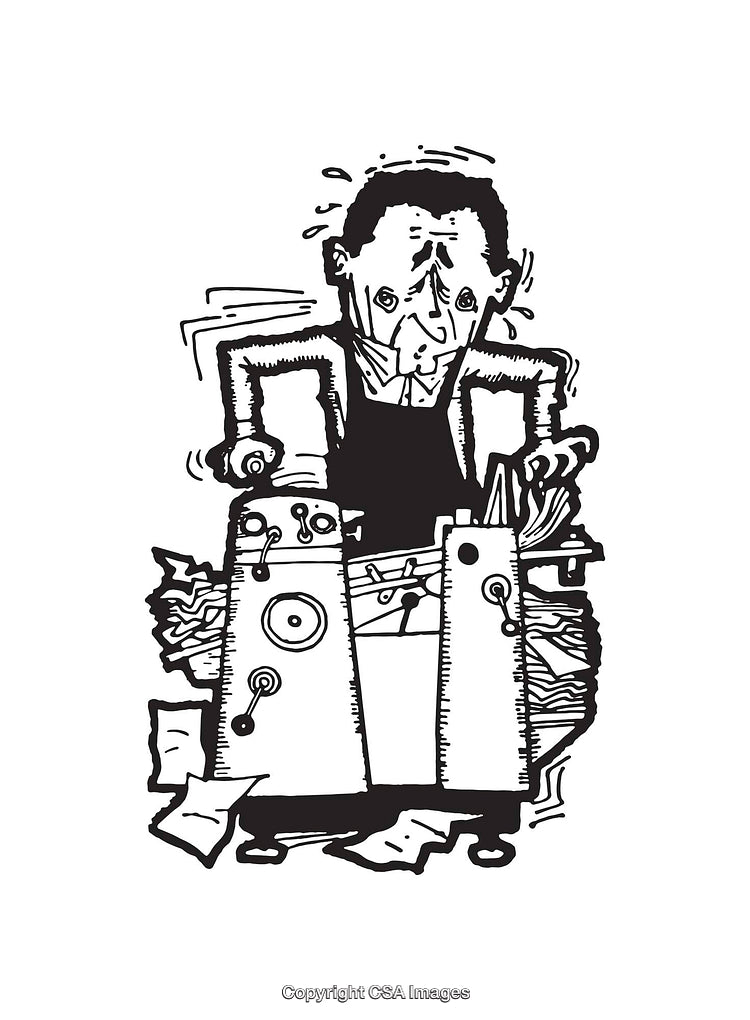 Black and White Line Art of a Person Operating a Shredder Machine