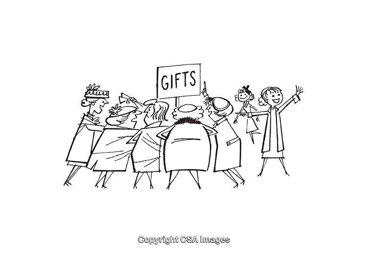 Black and White Cartoon Art Depicting a Group of People Gathering for Gifts