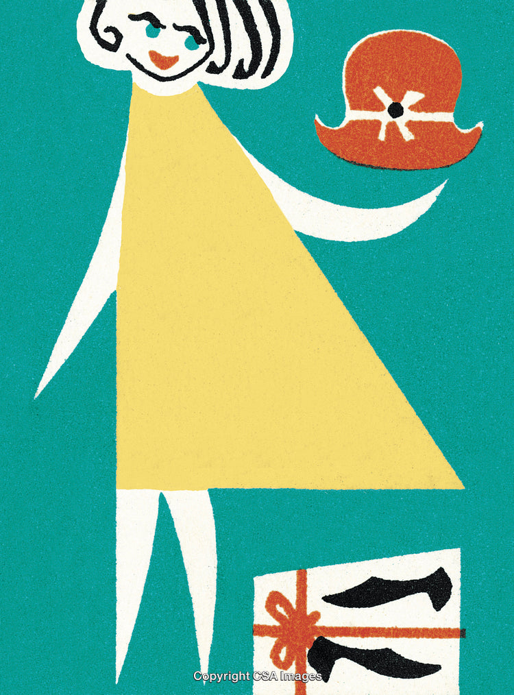 Colorful Illustration of Woman Holding Hat and Gift with Shoes Inside