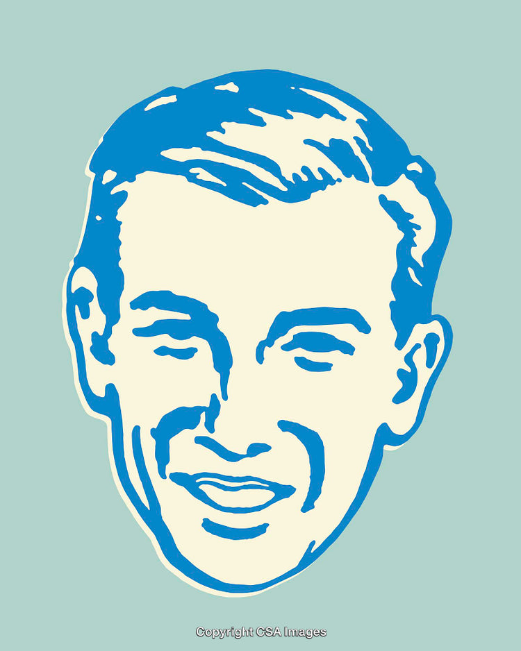 Retro-Style Illustration of Smiling Man in Blue Line Art on Pastel Background