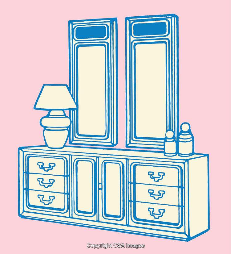 Color Line Art Illustration of Decorative Console and Mirrors with Pink Background