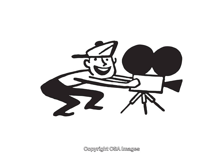 Black and White Line Art of a Filmmaker Using Vintage Camera