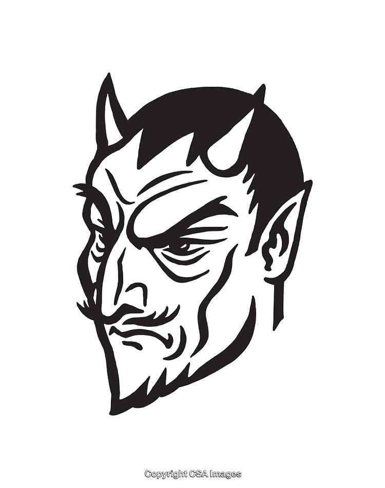 Devilish Black and White Line Art Illustration of a Sinister Face with Horns
