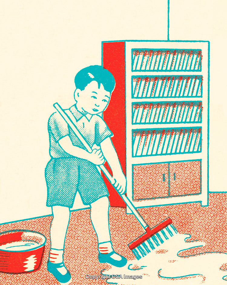 Vintage Style Illustration of a Young Boy Cleaning a Spilled Mess