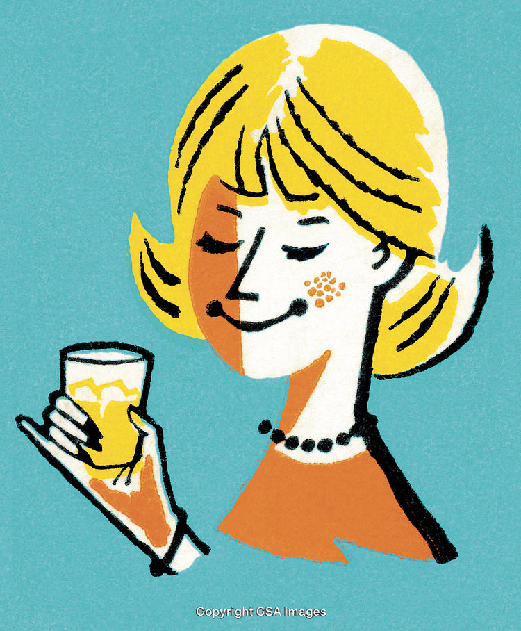 Retro Illustration of a Woman Enjoying a Drink with a Friendly Smile