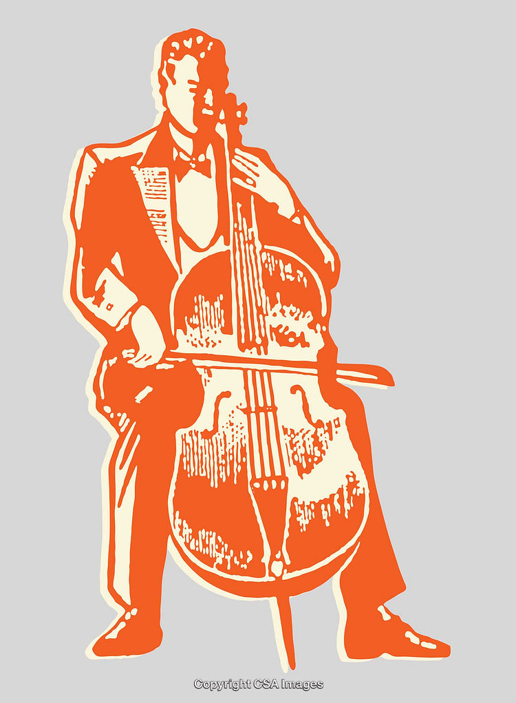 Stylized Orange Line Art of a Musician Playing the Cello