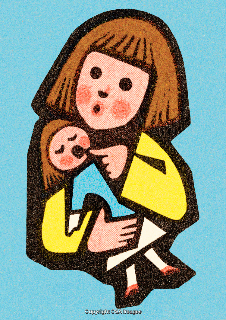 Illustrated Mother and Child Embracing with Warm Expressions on a Blue Background