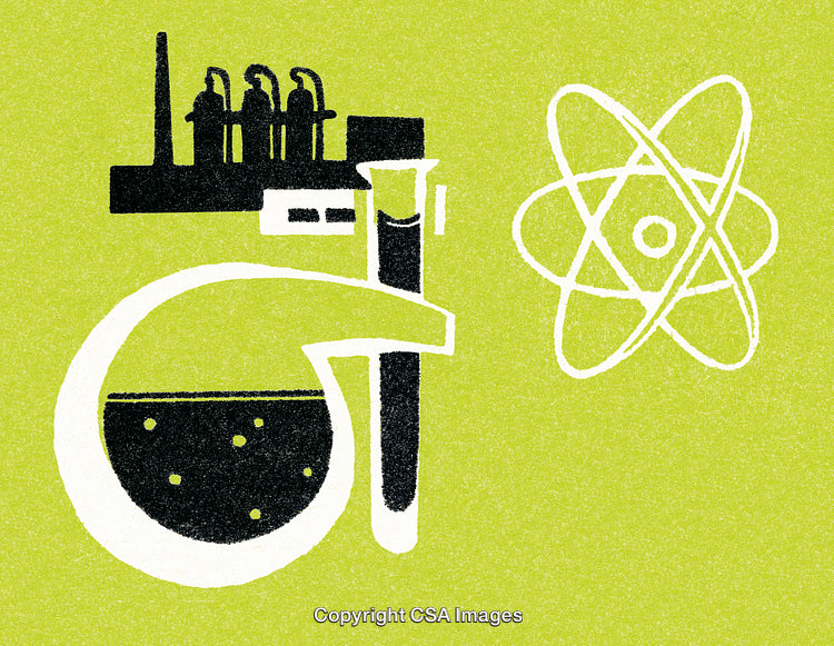 Abstract Illustration Depicting Scientific Concepts with Atom and Factory Elements