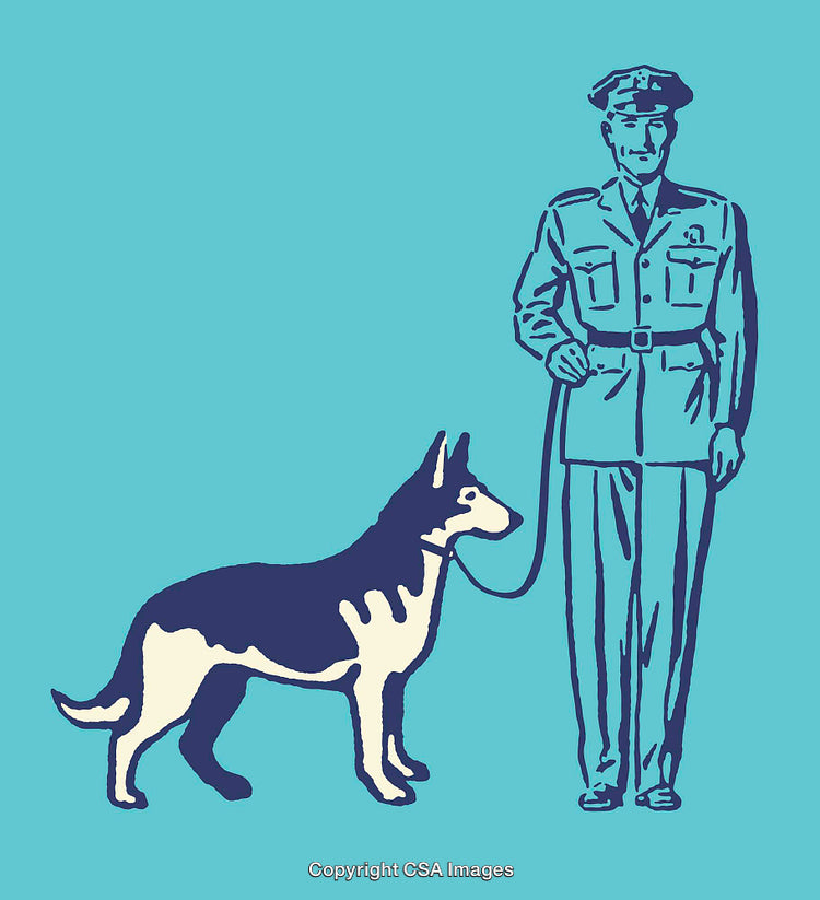 Illustrated Police Officer with a Dog in Retro Line Art Style