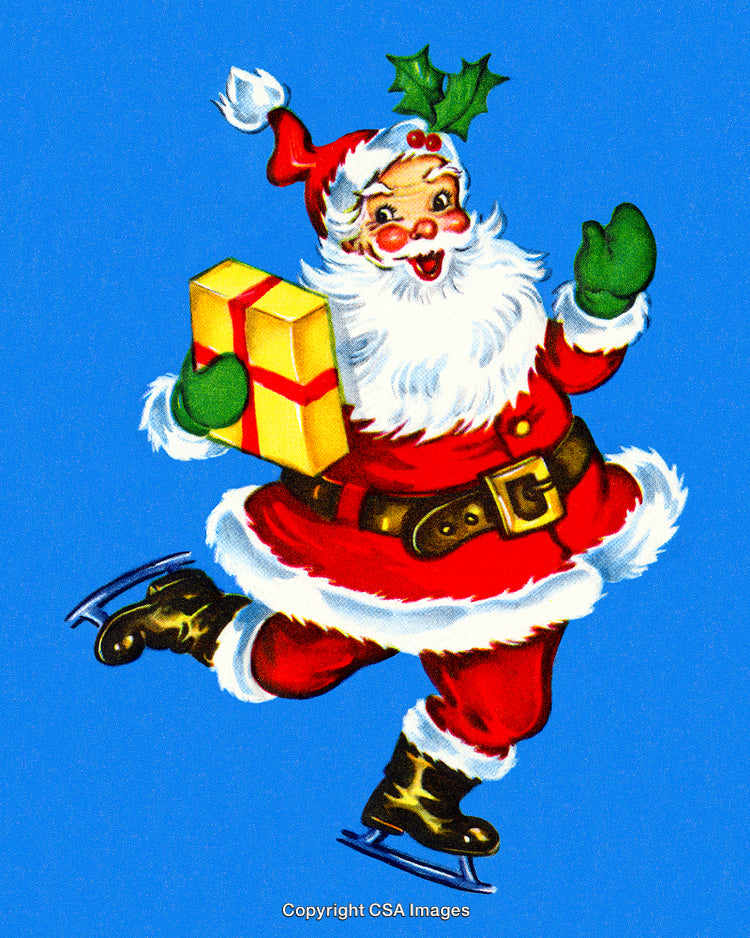 Santa Claus Joyfully Ice Skating With a Gift Box in Hand