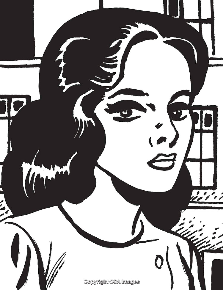 Black and White Retro Illustration of a Thoughtful Woman in Urban Setting