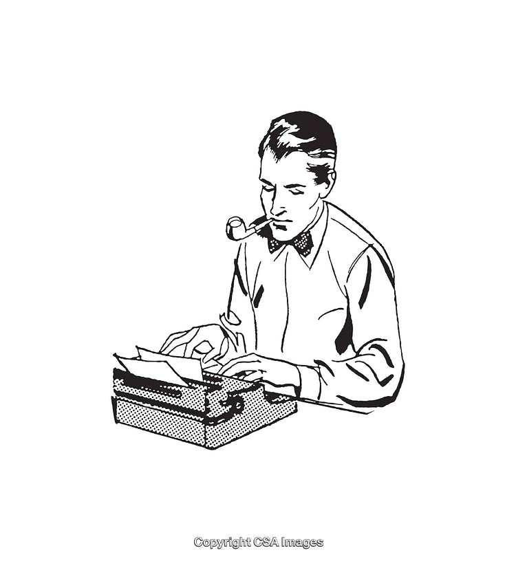 Retro Styled Man Typing at a Typewriter with Pipe in Black and White