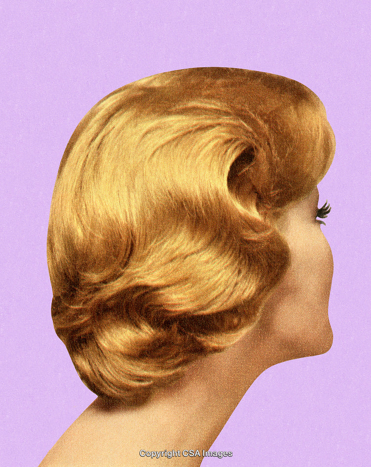 Stylized Retro Blonde Hair on Lavender Background in Profile View