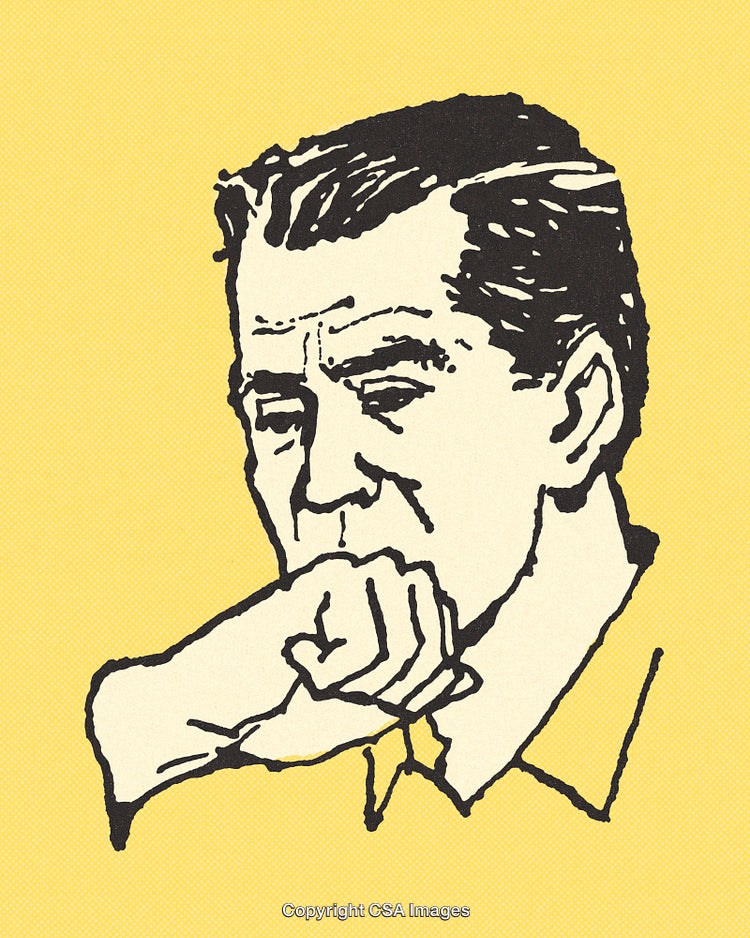 Vintage Illustration of a Thoughtful Man Resting Chin on Hand Against Yellow Background