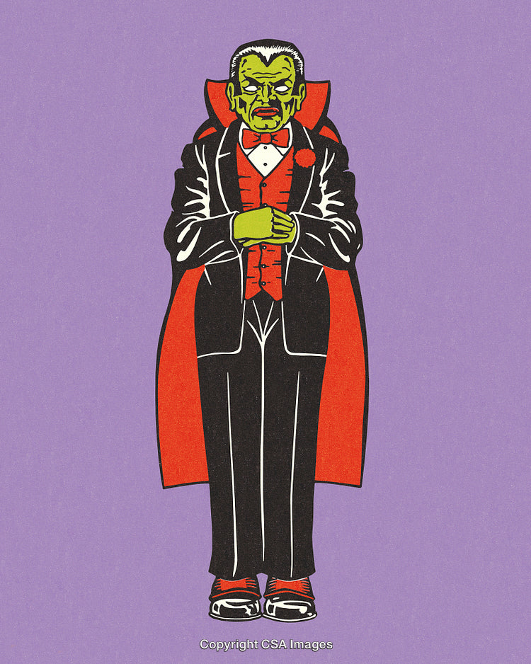 Vintage Illustration of a Cartoonish Vampire with Green Skin and Red Cape