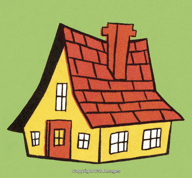 Illustrated Cottage With Red Roof on Green Background Art