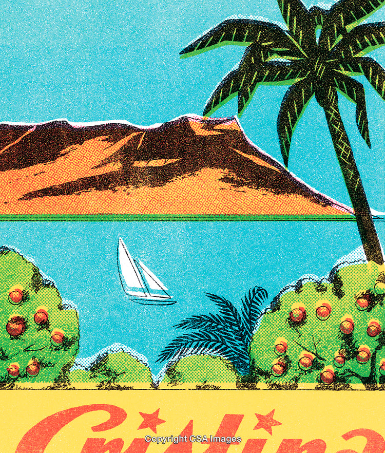 Vintage Illustrated Tropical Scene with Coastal Landscape and Sailboat