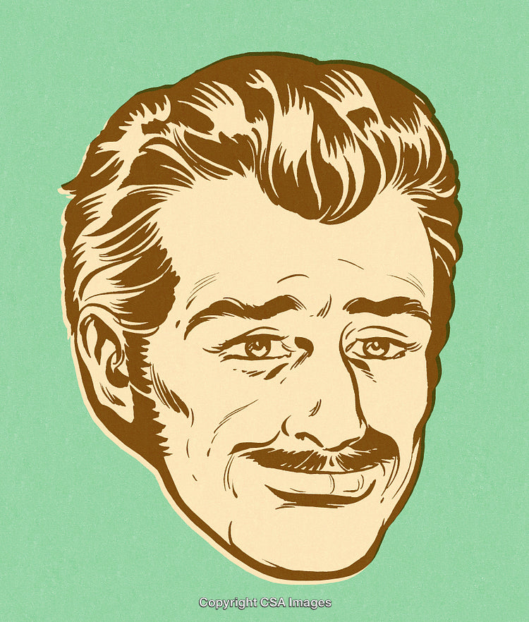 Retro Stylistic Illustration of a Smiling Gentleman with Mustache and Distinctive Hairstyle