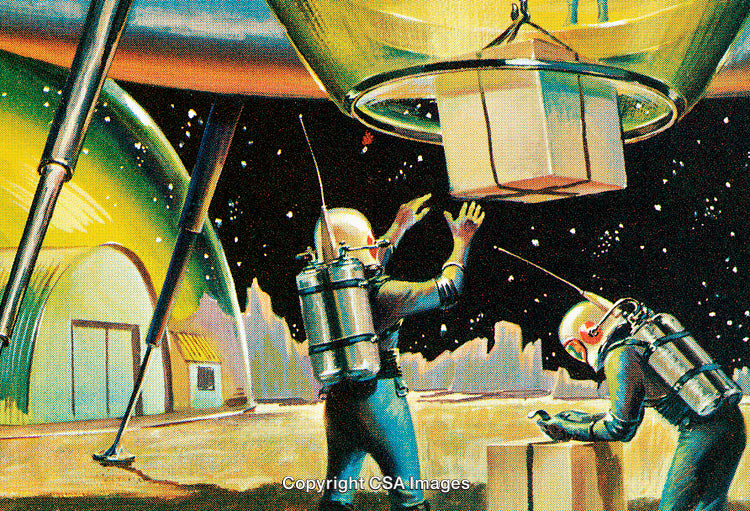 Vintage Illustration of Astronauts Working on a Lunar Base