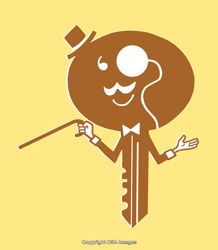Charming Key Illustration with Monocle and Hat on Yellow Background