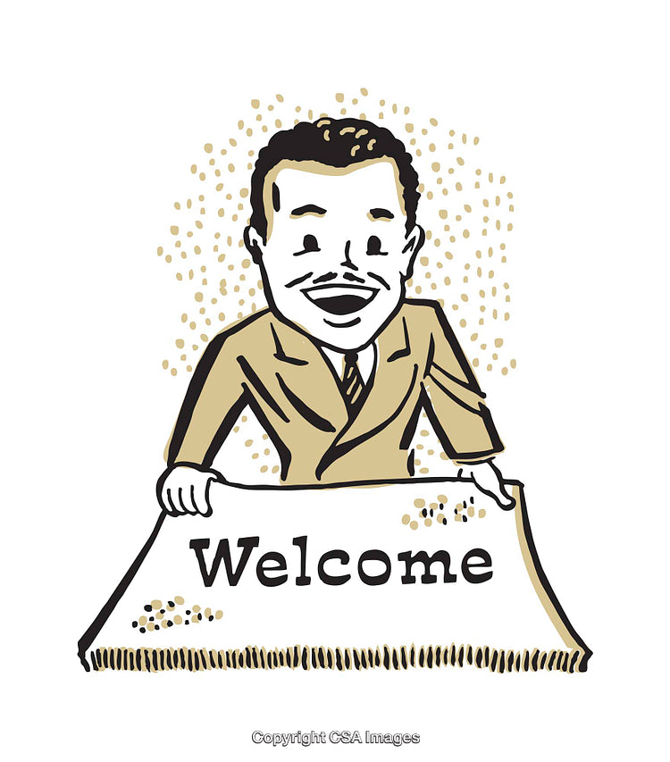 Retro Illustration of Welcoming Gentleman Holding a Welcome Sign