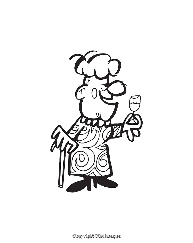 Elderly Woman Holding a Glass in Whimsical Line Art Illustration