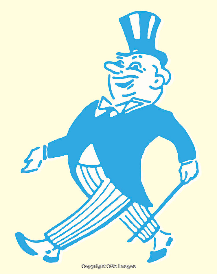 Blue Holbeinian Cartoon Art of Elegant Man Walking