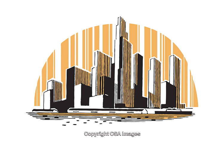 Modern Urban Skyline Illustration with Bold Lines and Vibrant Orange Gradient