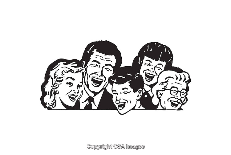 Vintage Black and White Illustration of Cheerful People Smiling Together