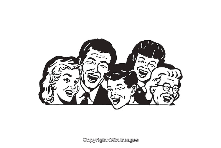 Vintage Black and White Illustration of Cheerful People Smiling Together