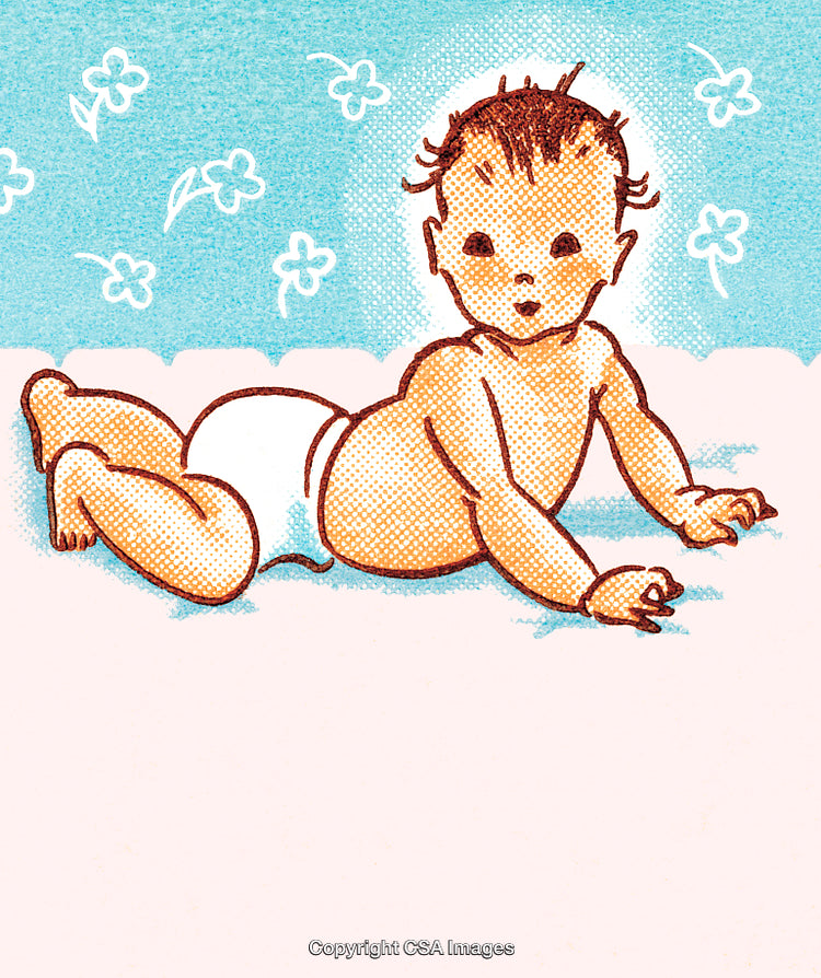 Vintage Style Illustration of a Baby in a Diaper on a Blue Background