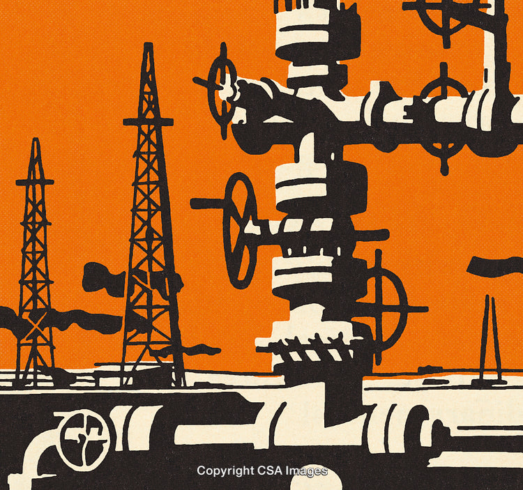 Industrial Oil Rig Illustration with Valves and Drilling Derricks