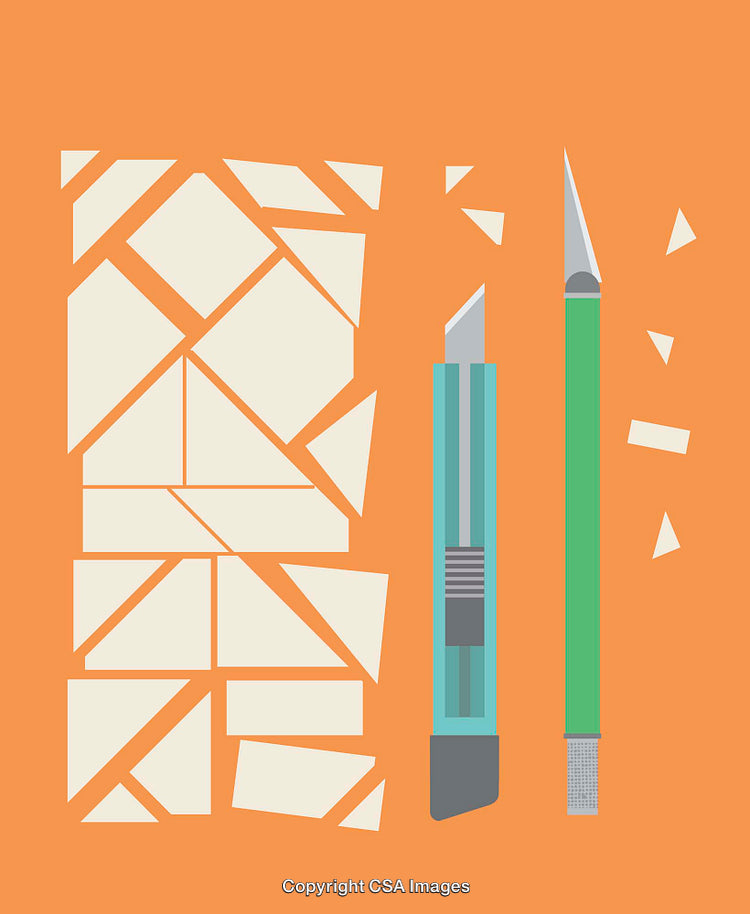 Precision Cutting Tools with Mosaic Patterns on Orange Background