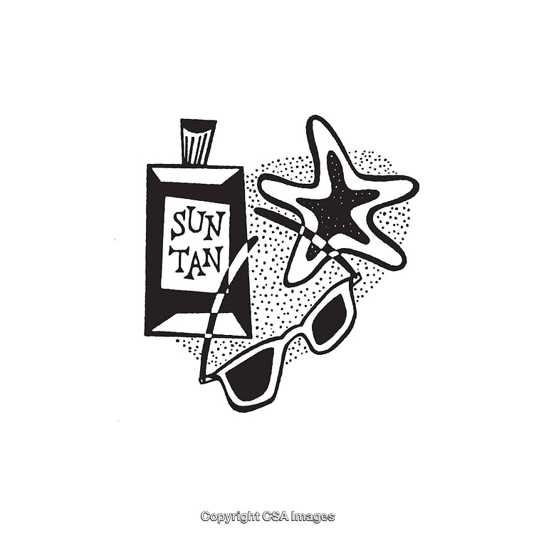 Black and White Line Art of Summer Essentials for a Beach Vacation