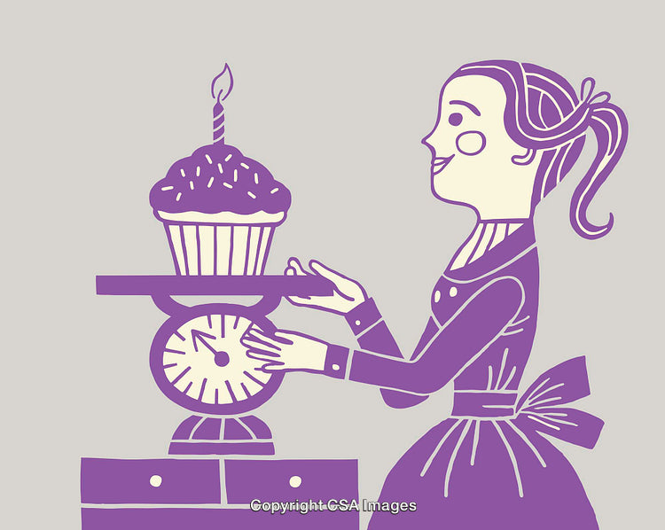 Whimsical Illustration of a Woman Weighing a Sprinkled Cupcake on a Scale
