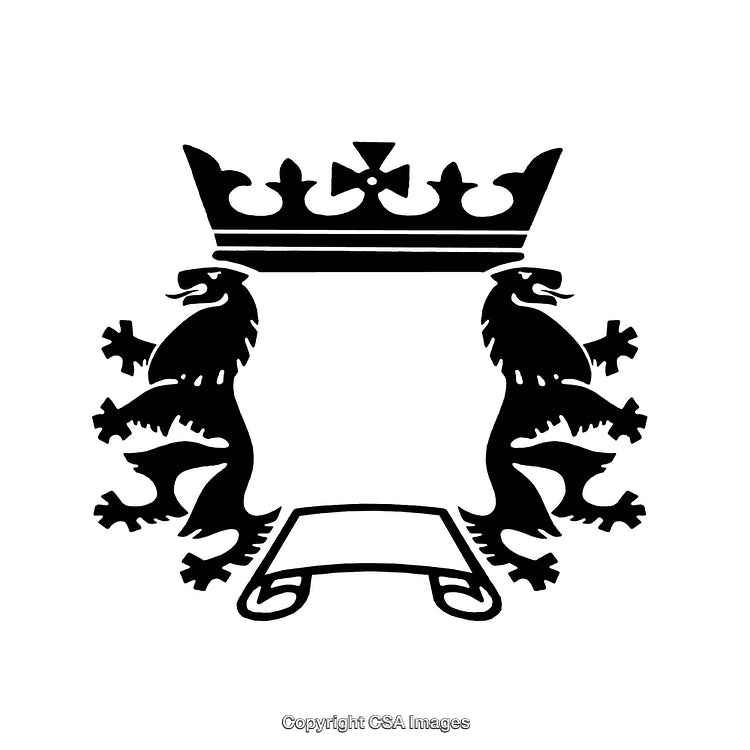 Elegant Heraldic Crest Design Featuring Crown and Lions with Scroll Banner