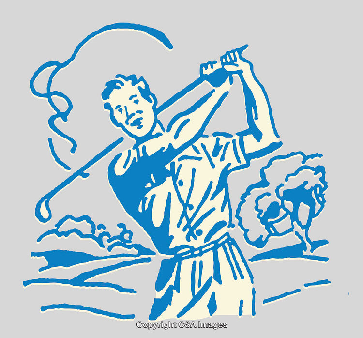 Illustration of a Golfer Swinging a Club in a Scenic Outdoor Setting