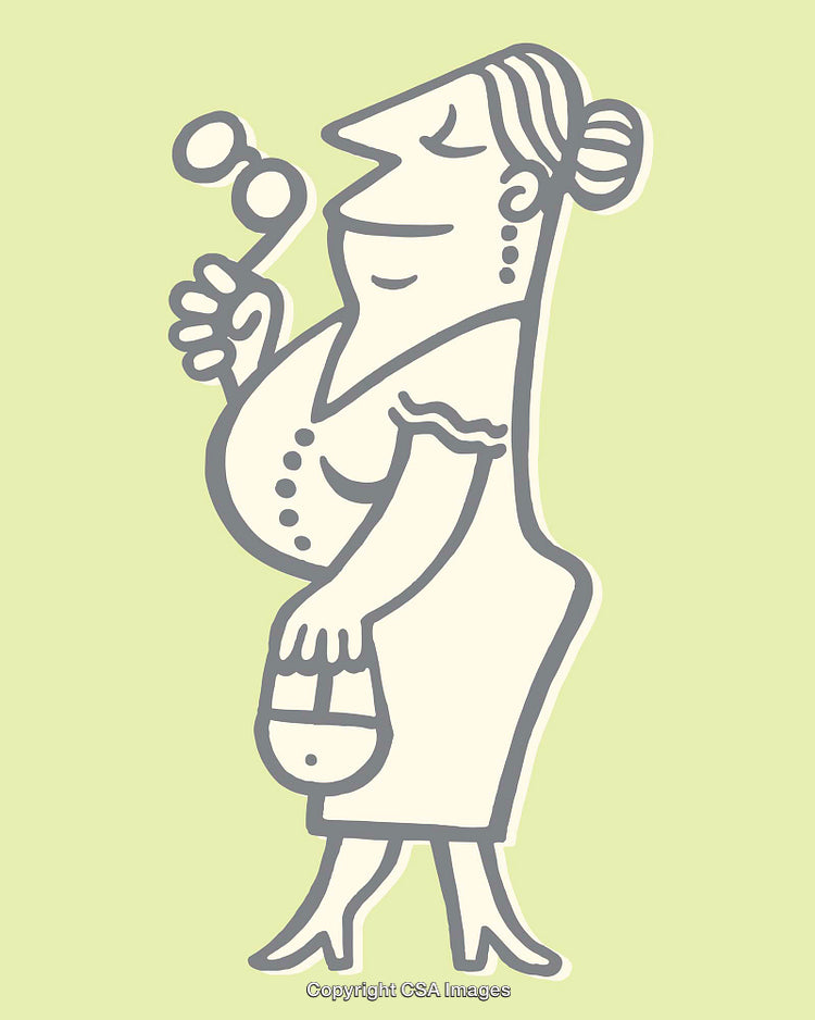 Stylized Drawing of a Sophisticated Woman Holding Eyeglasses in Elegant Attire
