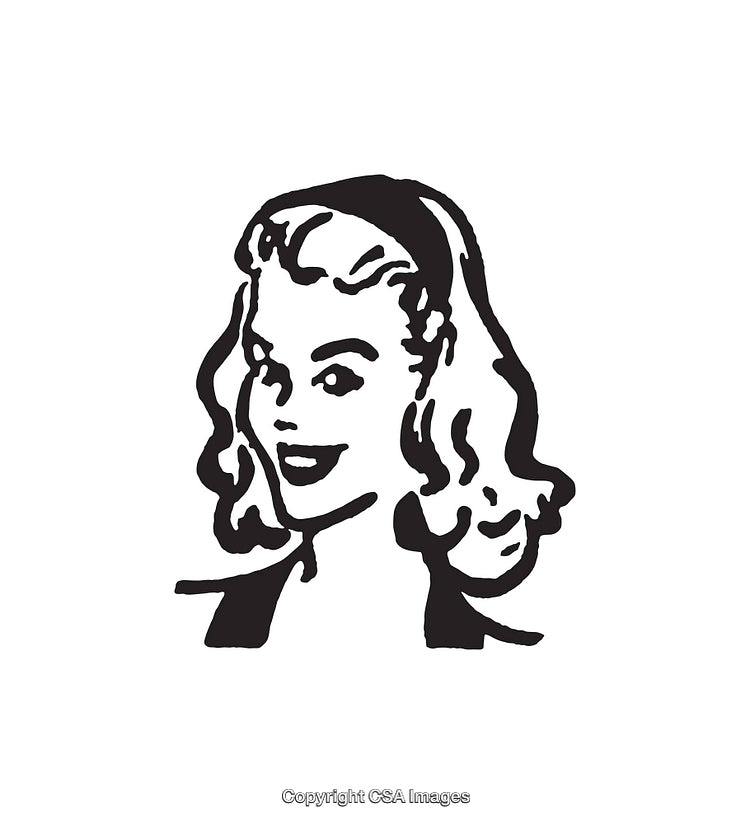 Vintage Style Black and White Line Art of Smiling Woman