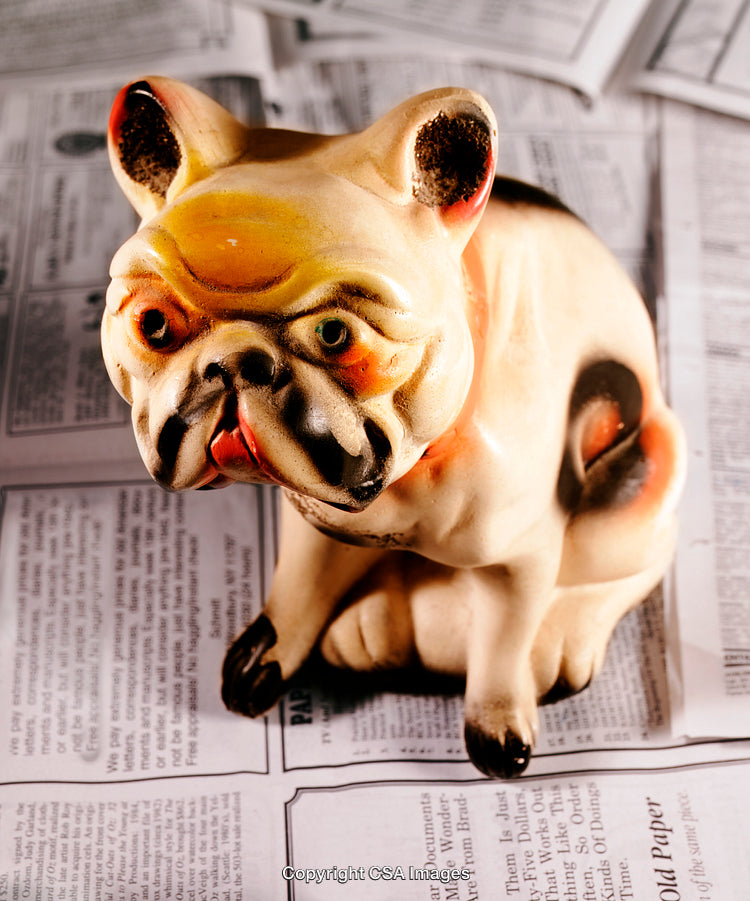Vintage Ceramic Bulldog Figurine with Detailed Features on Newspaper Background