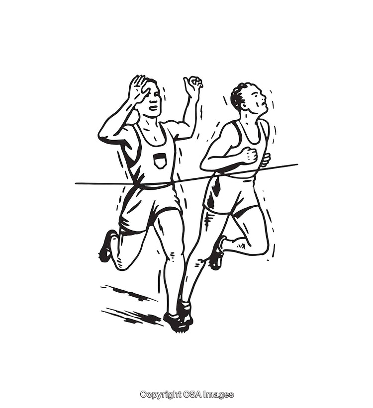 Black and White Line Art of Competitive Race Finish Moment