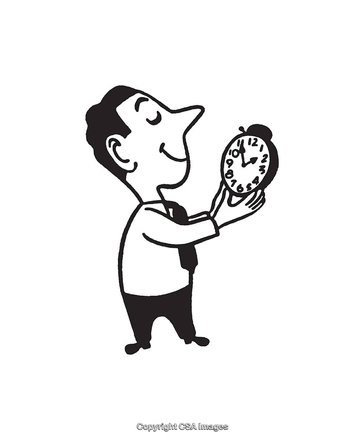 Black and White Illustration of a Man Holding a Clock in Hands