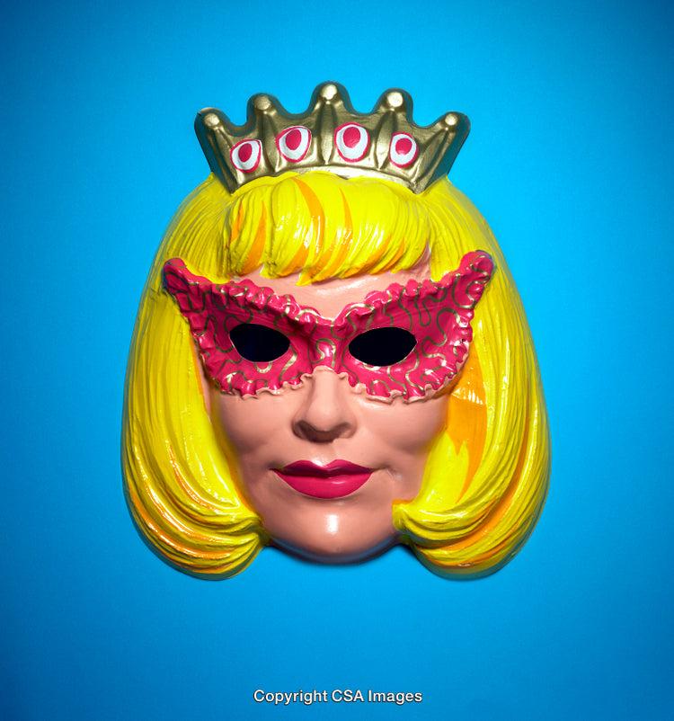 Colorful Plastic Mask Wearing Crown and Glasses on Vibrant Blue Background