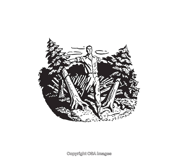 Rustic Black and White Line Art of a Man in a Forest Setting