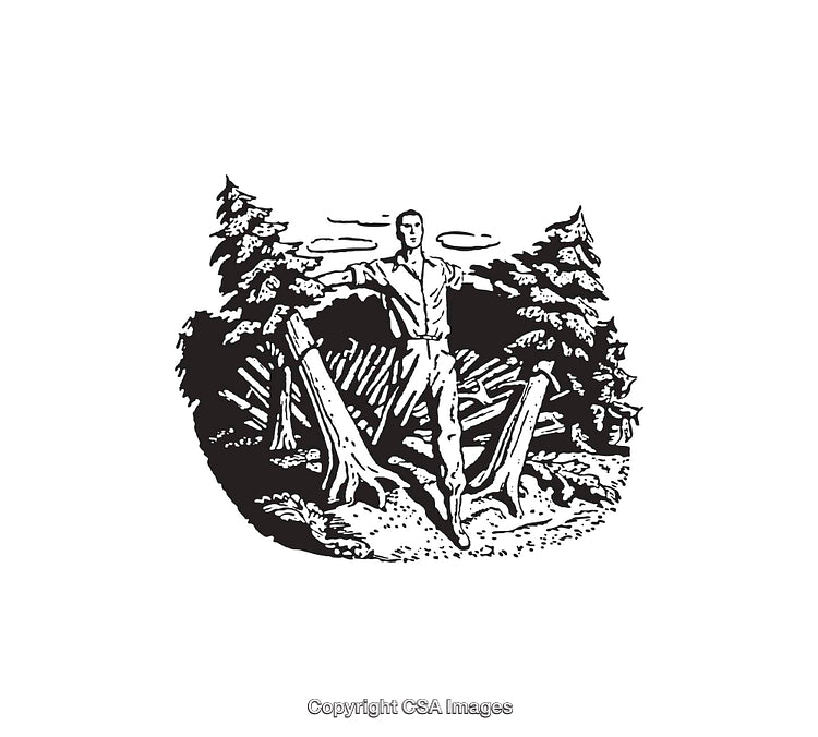 Rustic Black and White Line Art of a Man in a Forest Setting