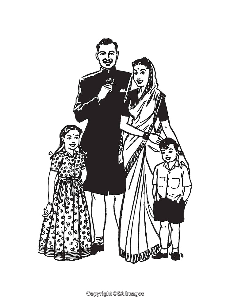 Illustrated Family Portrait of Parents with Two Children in Traditional Attire
