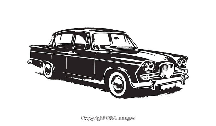Vintage Black and White Illustration of Classic Car in Line Art Style